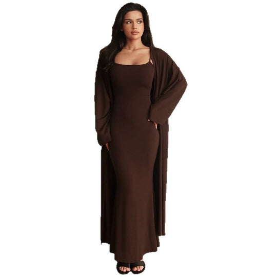 Damen Langärmliges Maxikleid mit offenem Cardigan R&B