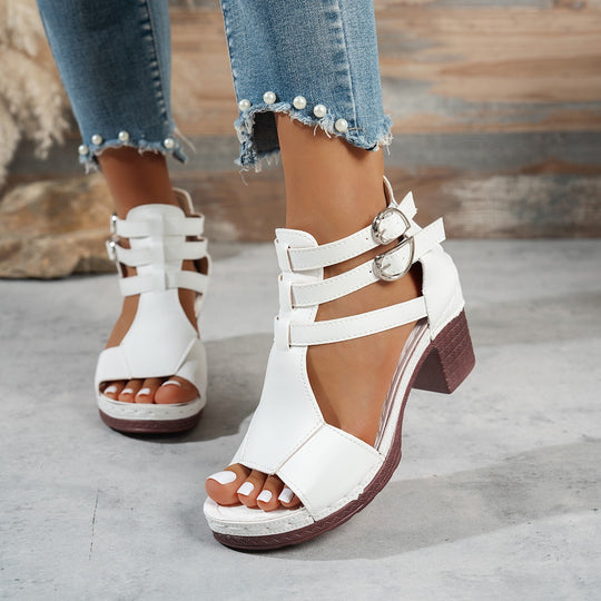 Damen Offene Riemensandalen mit Blockabsatz und Doppel-Schnallen R&B