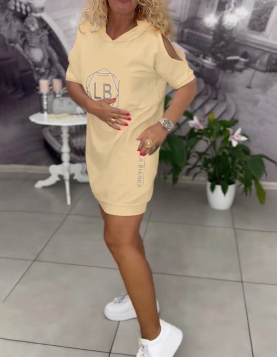 Damen nan sportliches Kapuzen-Tunika-Kleid mit Schulterauschnitten und Logoprint R&B