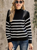 R&B | Gestreifter Strickpullover Mock Neck Schulterknopf-Akzent Langarm-Lässige Passform