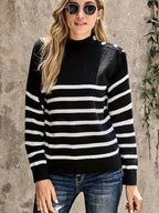R&B | Gestreifter Strickpullover Mock Neck Schulterknopf-Akzent Langarm-Lässige Passform