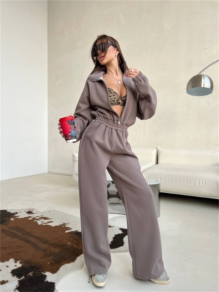 Damen sportlicher Fleece-Loungewear-Anzug mit hohem Kragen und elastischem Bund R&B