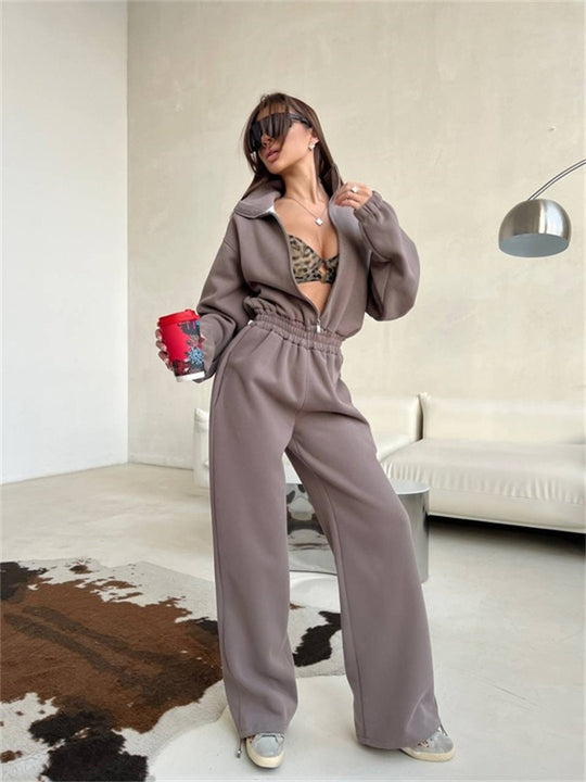 Damen sportlicher Fleece-Loungewear-Anzug mit hohem Kragen und elastischem Bund R&B