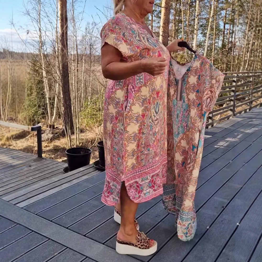 Damen nan fließendes Midikleid im Tunika‑Kaftan‑Mix mit V‑Ausschnitt kurzen Ärmeln lockerer Passform und passendem Pareo R&B