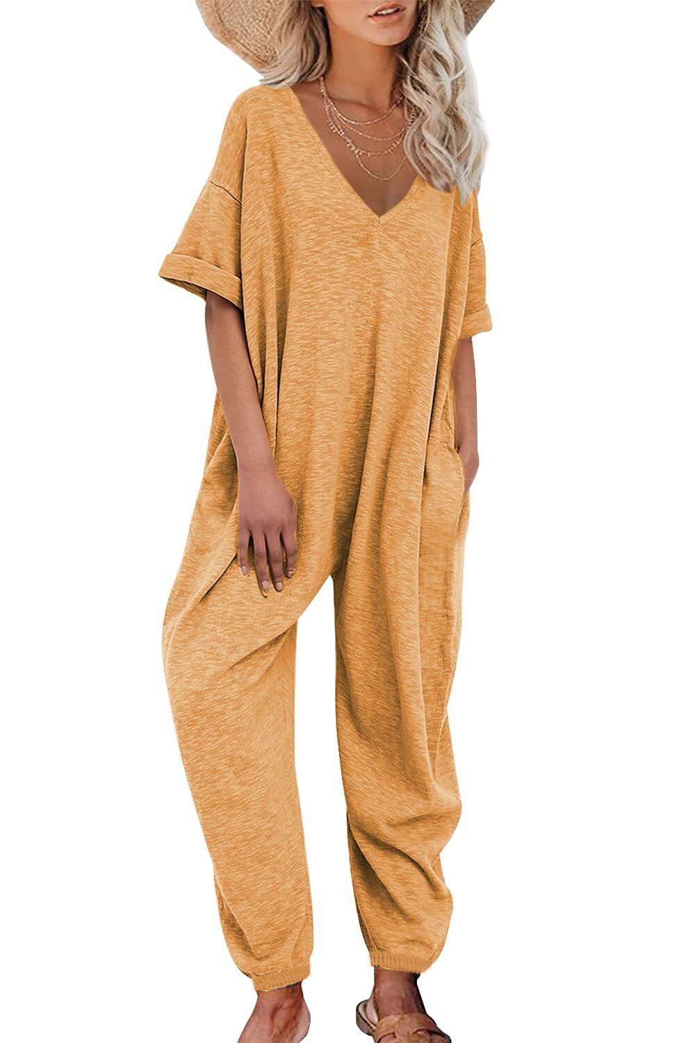 Damen Oversized Jumpsuit mit tiefem V-Ausschnitt und lässigen Taschen R&B