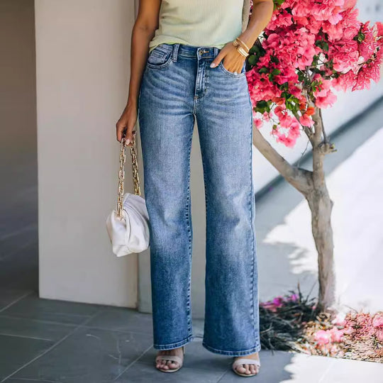 Damen Weit geschnittene Jeanshose mit hohem Bund und dezenten Waschungen R&B
