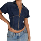 Damen Kurzarm Denim-Jacke mit teilbarem Reißverschluss und modischem Schnitt R&B