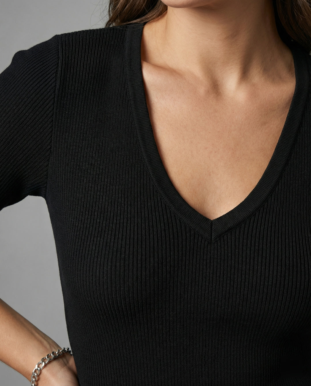 Damen V-Ausschnitt Strick T-Shirt Kurzarm Slim Fit Baumwolle