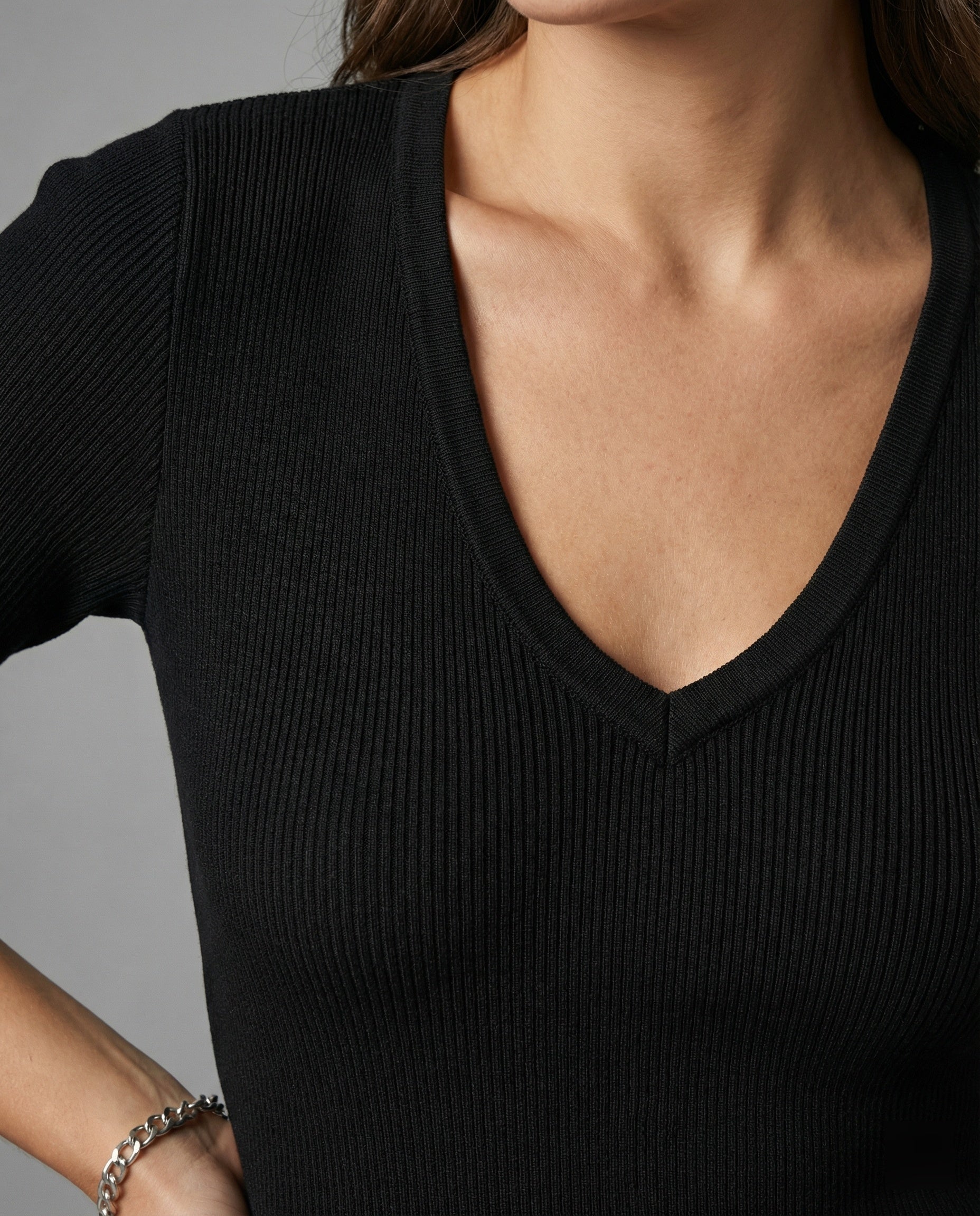Damen V-Ausschnitt Strick T-Shirt Kurzarm Slim Fit Baumwolle