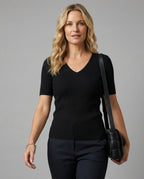 Damen V-Ausschnitt Strick T-Shirt Kurzarm Slim Fit Baumwolle