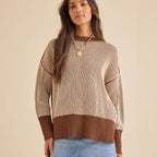 Damen lässiger Strickpullover mit modernem Rippenmuster und überschnittenen Schultern R&B