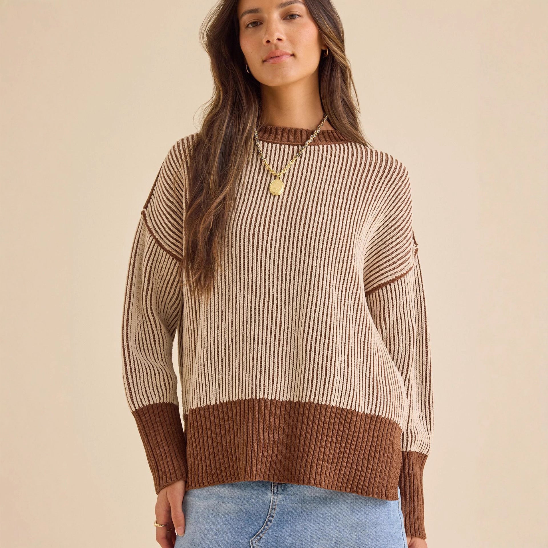 Damen lässiger Strickpullover mit modernem Rippenmuster und überschnittenen Schultern R&B