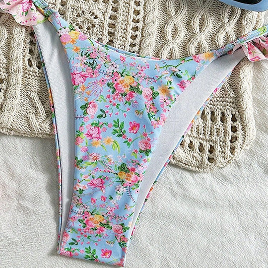 Damen Triangel-Bikini-Set mit floralen Rüschendetails und verstellbaren Trägern R&B