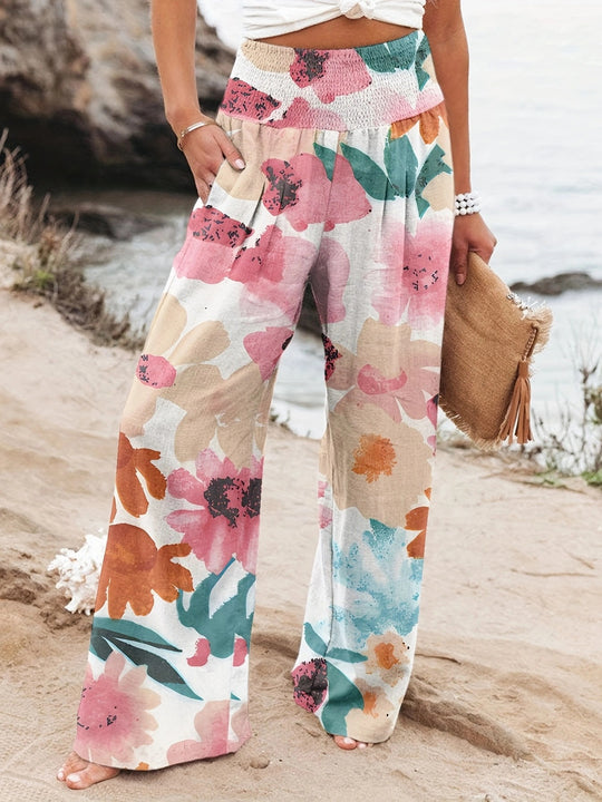 Damen Weit geschnittene Strandhose mit floralem Motiven und elastischem Bund R&B
