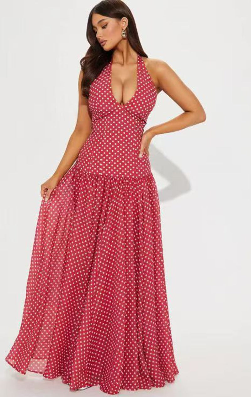 Damen nan langes Neckholderkleid mit tiefem V-Ausschnitt, taillierter Empire-Naht und schwingendem Stufenrock R&B