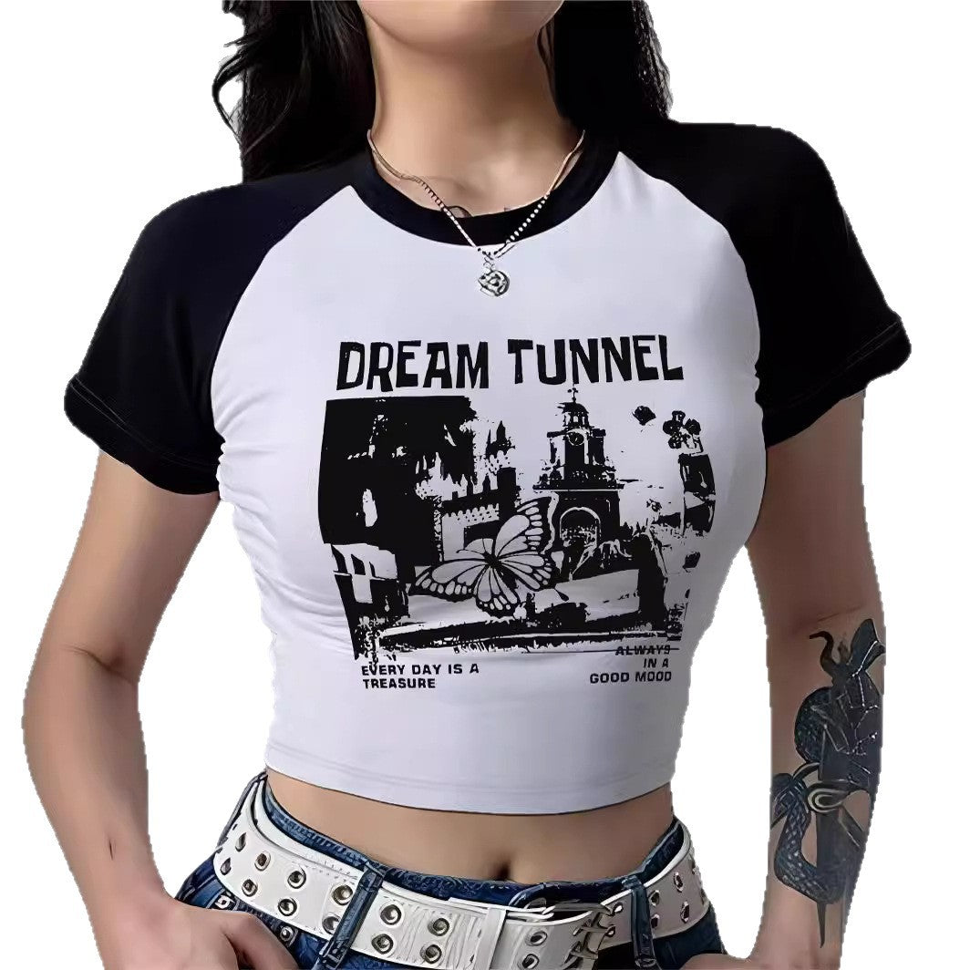 Damen Cropped T-Shirt mit auffälligem Druckdesign R&B