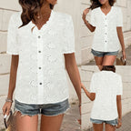 Damen luftiges Blusenshirt mit kunstvollen Lochmustern und Knopfdetails R&B