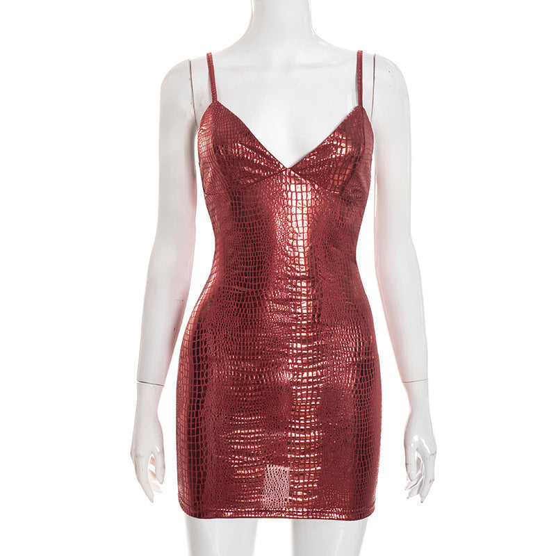 Damen Mini-Kleid mit glänzender Krokodil-Optik und Spaghetti-Trägern R&B