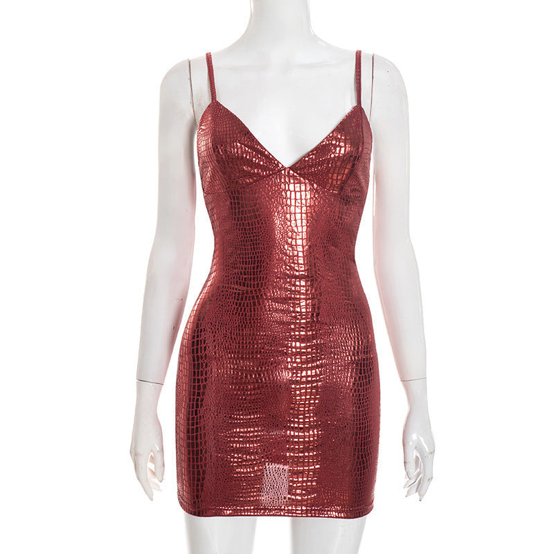 Damen Mini-Kleid mit glänzender Krokodil-Optik und Spaghetti-Trägern R&B