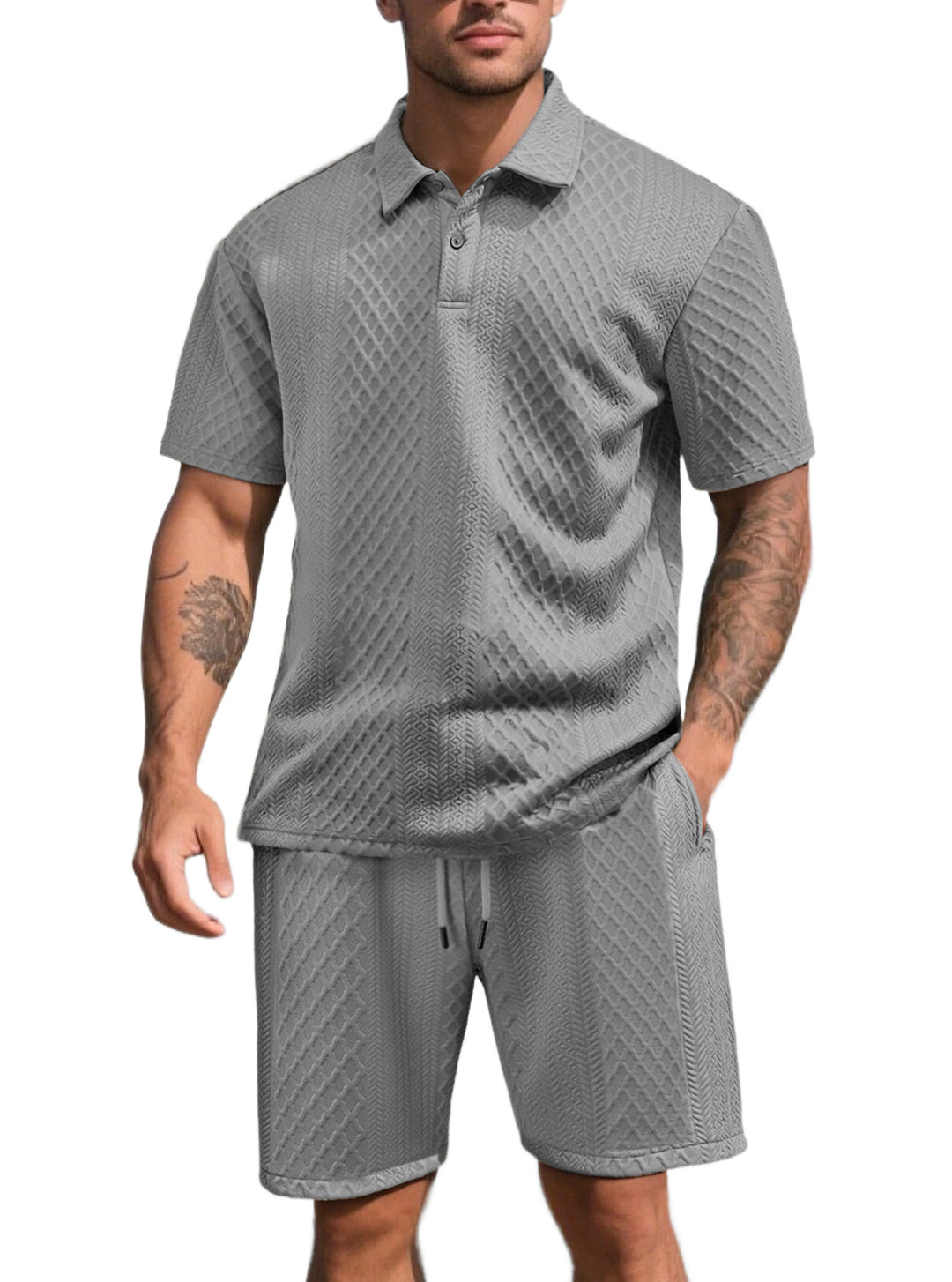 Herren nan dreidimensionales Relief-Freizeit-Set mit Polokragen, verdeckter Knopfleiste und elastischer Tunnelzugshorts R&B