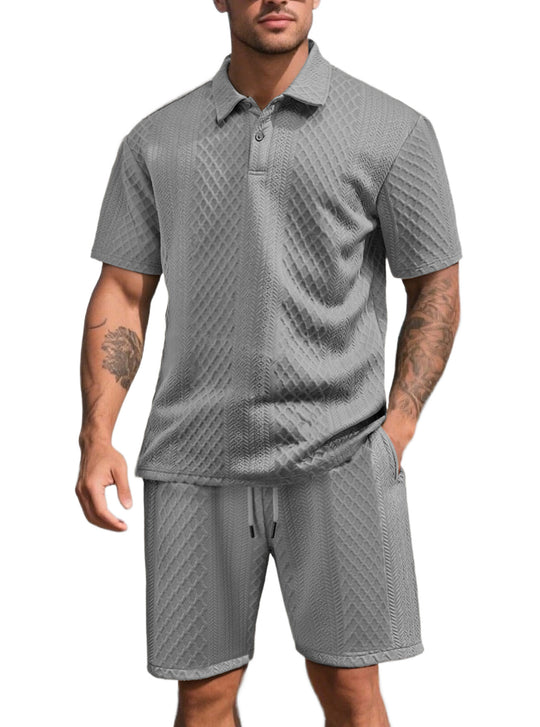 Herren nan dreidimensionales Relief-Freizeit-Set mit Polokragen, verdeckter Knopfleiste und elastischer Tunnelzugshorts R&B