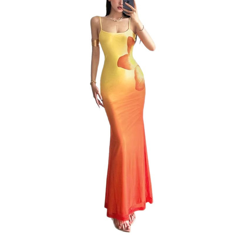 Damen figurbetontes Abendkleid mit Spaghettiträgern und Farbverlauf R&B