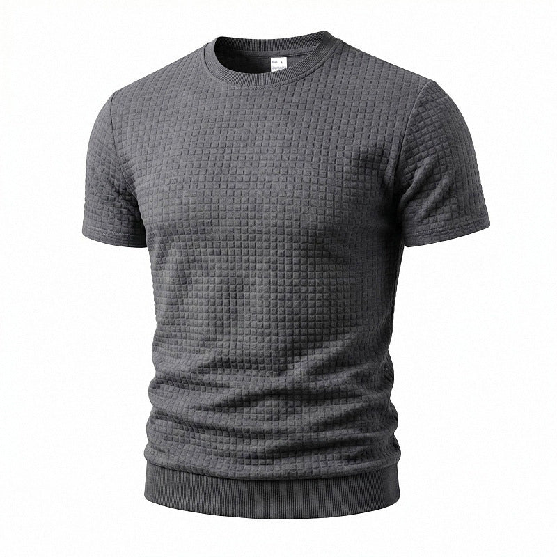 Herren nan kurzärmeliges Strickshirt mit geprägter Karostruktur, Rundhalsausschnitt und geripptem Saum R&B