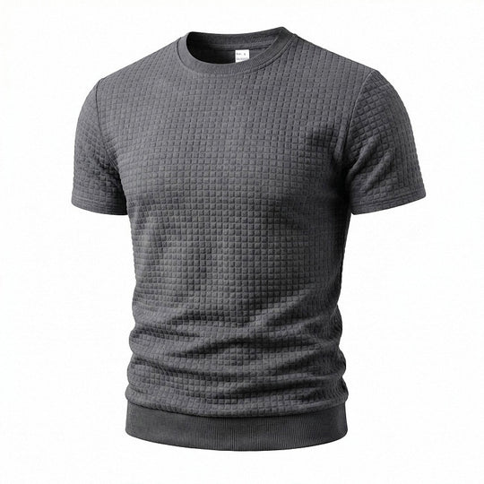 Herren nan kurzärmeliges Strickshirt mit geprägter Karostruktur, Rundhalsausschnitt und geripptem Saum R&B