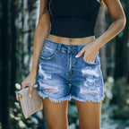 Damen Jeansshorts mit fransigem Saum und modischen Cut-Outs R&B
