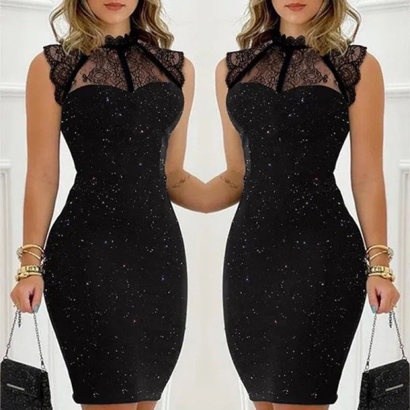Damen Abendkleid mit exklusivem Spitzenkragen und schimmernden Akzenten R&B