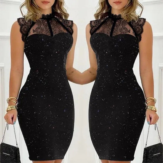 Damen Abendkleid mit exklusivem Spitzenkragen und schimmernden Akzenten R&B