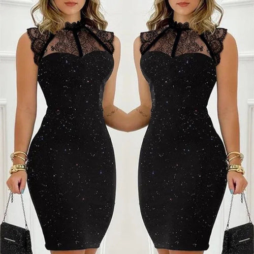 Damen Abendkleid mit exklusivem Spitzenkragen und schimmernden Akzenten R&B