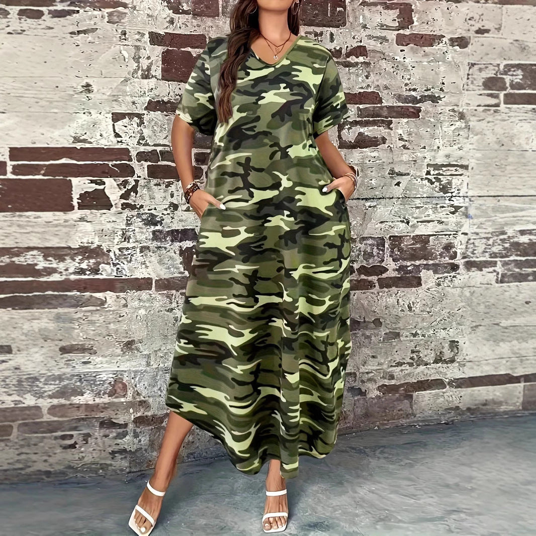 Damen Maxi-Kleid mit modernem Camouflage-Design und praktischen Taschen R&B