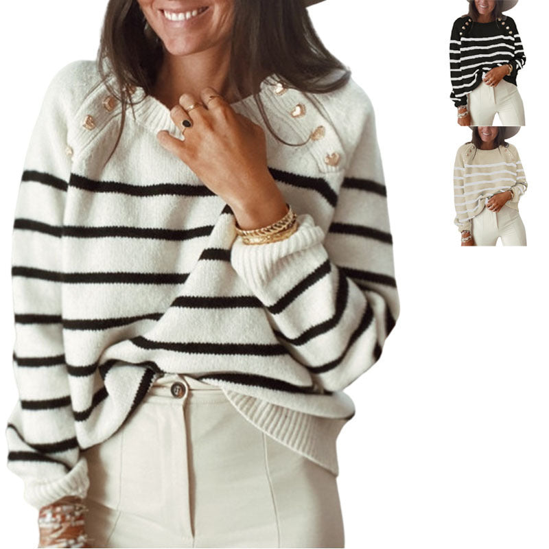 Damen Strickpullover mit zeitlosem Streifenmuster und dekorativen Knopfdetails R&B