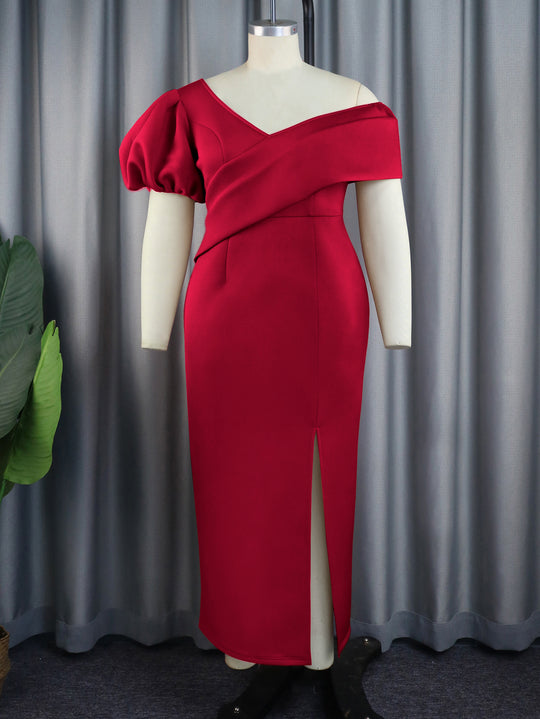 Damen Elegantes Maxikleid mit asymmetrischem Ausschnitt und voluminösen Puffärmeln R&B