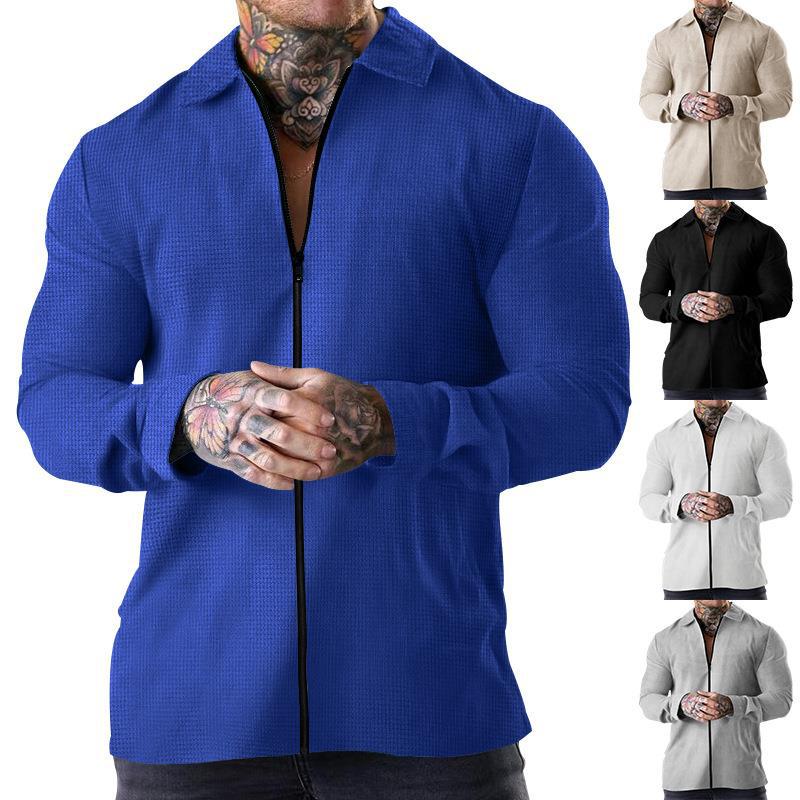 Herren lässiges Kurzarm-Hemd mit strukturiertem Design und modernem Reißverschluss R&B