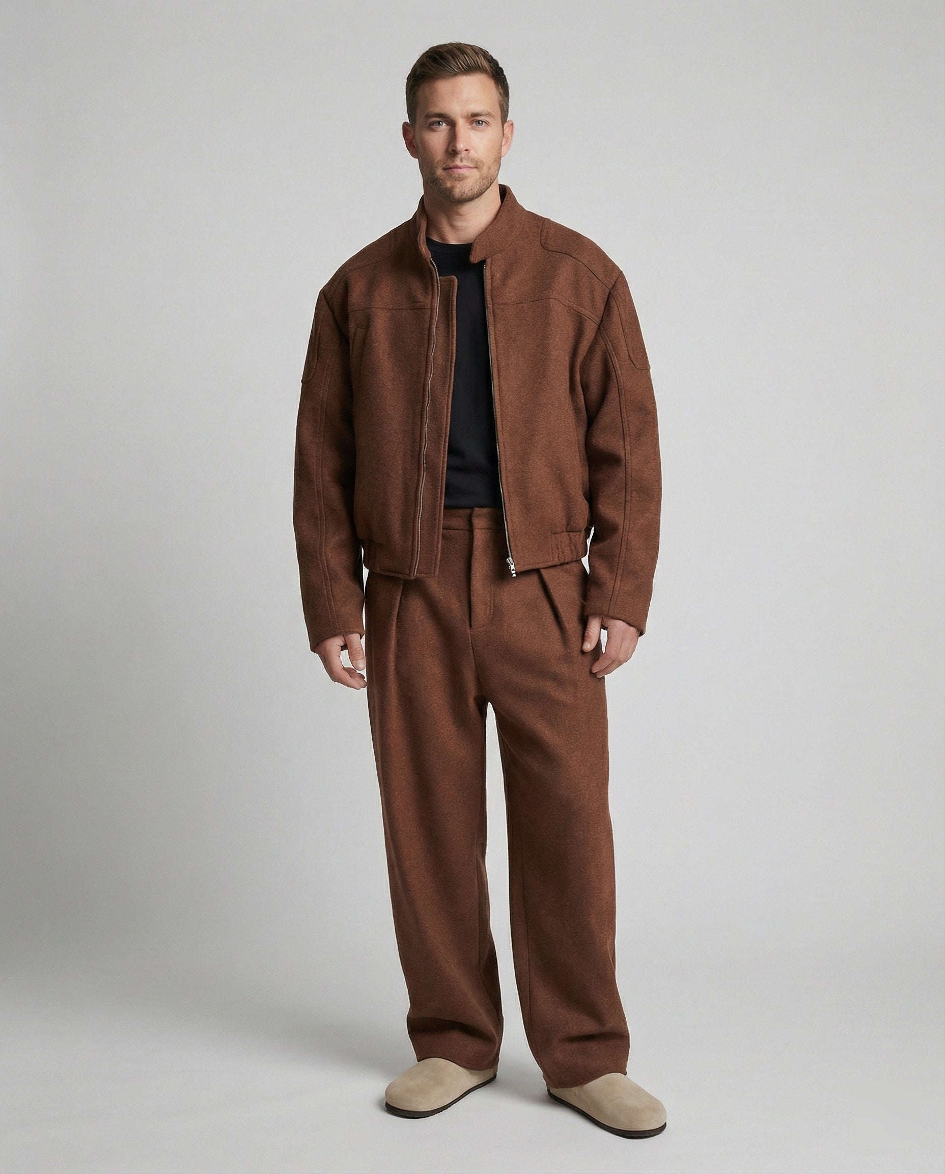 Herren kastig geschnittene Wollmix-Boxyjacke mit Stehkragen und verdecktem Reißverschluss R&B