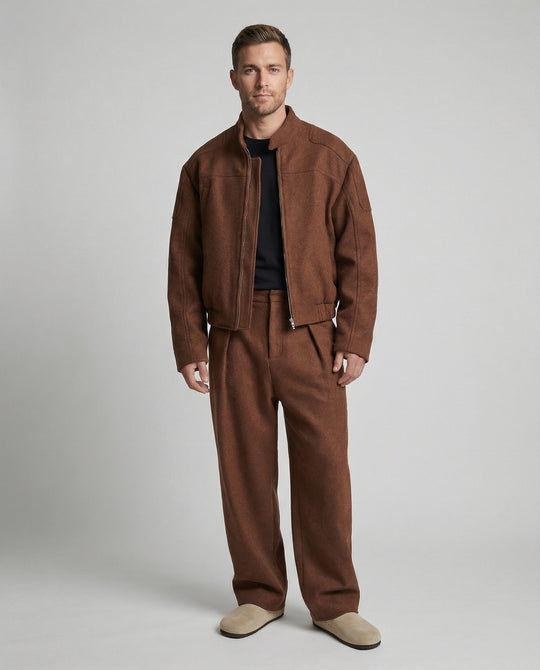 Herren kastig geschnittene Wollmix-Boxyjacke mit Stehkragen und verdecktem Reißverschluss R&B