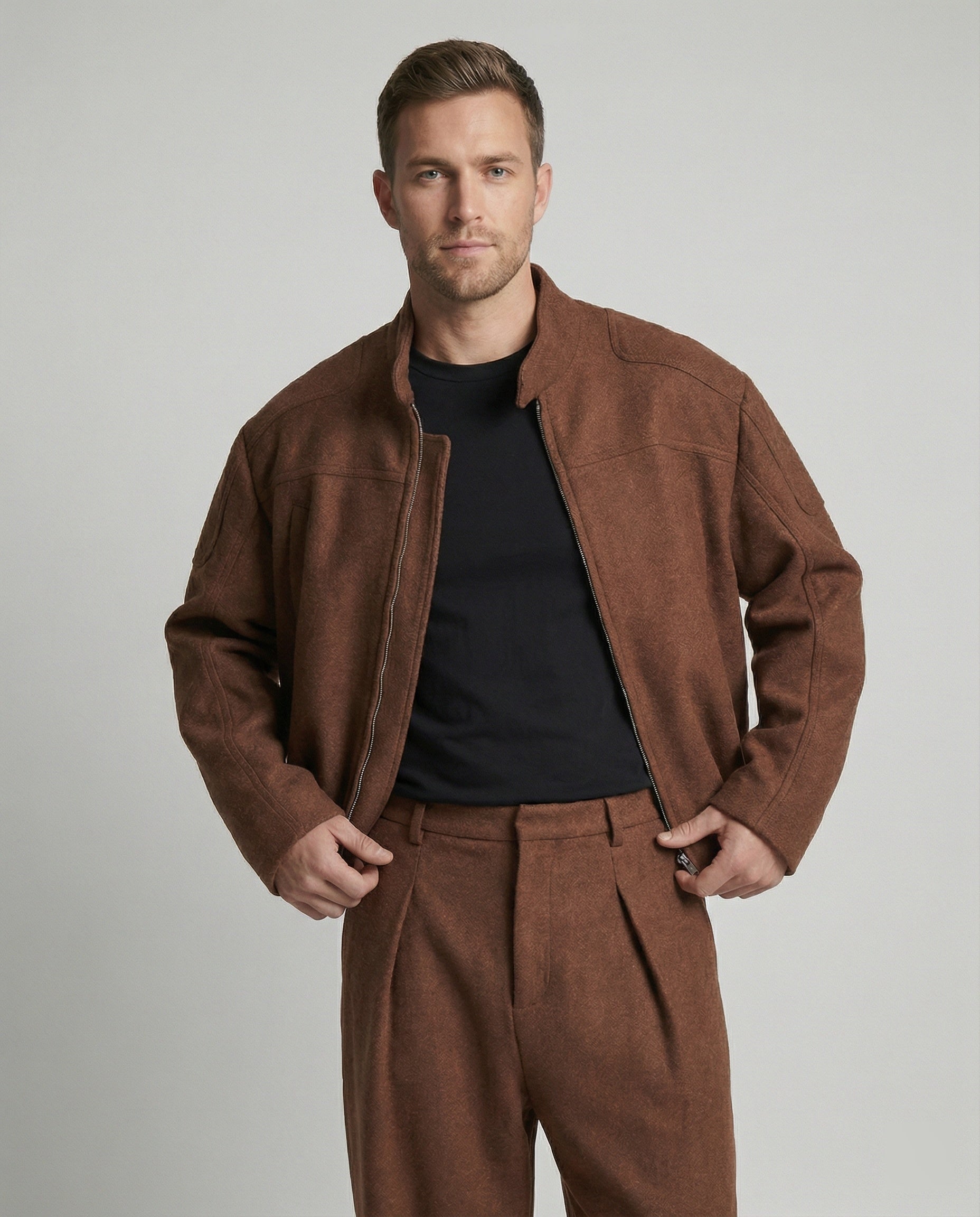 Herren kastig geschnittene Wollmix-Boxyjacke mit Stehkragen und verdecktem Reißverschluss R&B