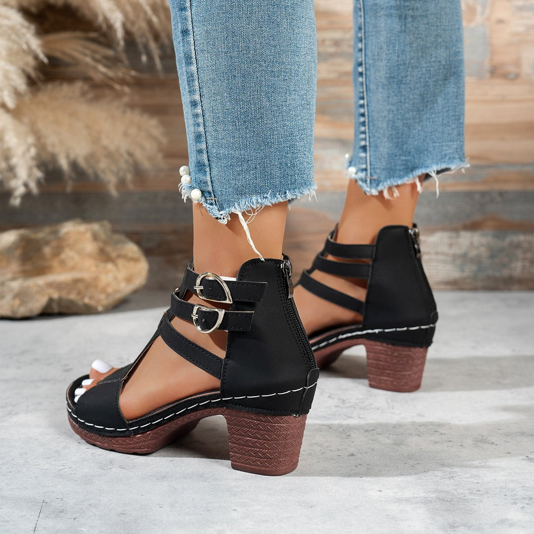 Damen Offene Riemensandalen mit Blockabsatz und Doppel-Schnallen R&B