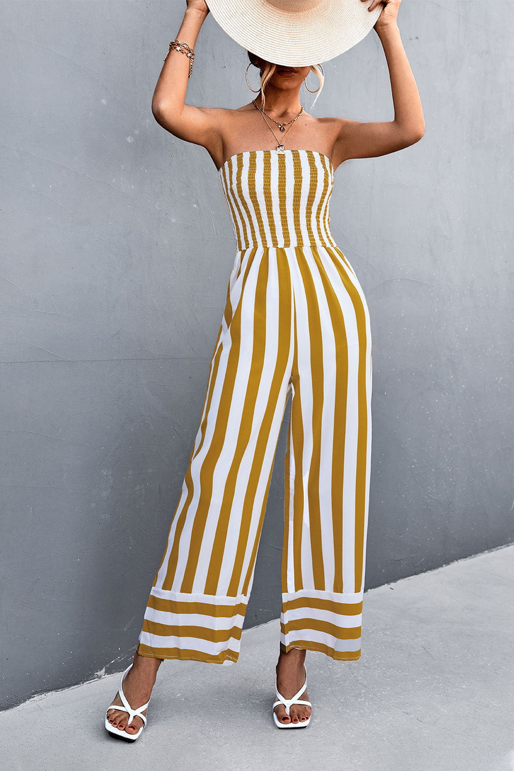 Damen Jumpsuit mit gestreiftem Oberteil und weitem Bein R&B
