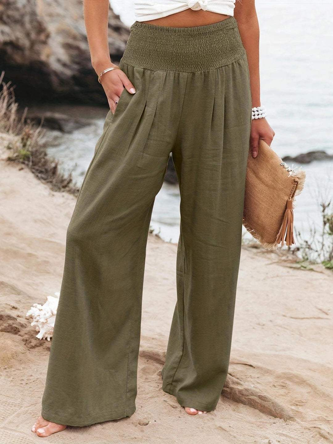 Damen weite Sommerhose mit hohem Bund und eleganten Falten R&B