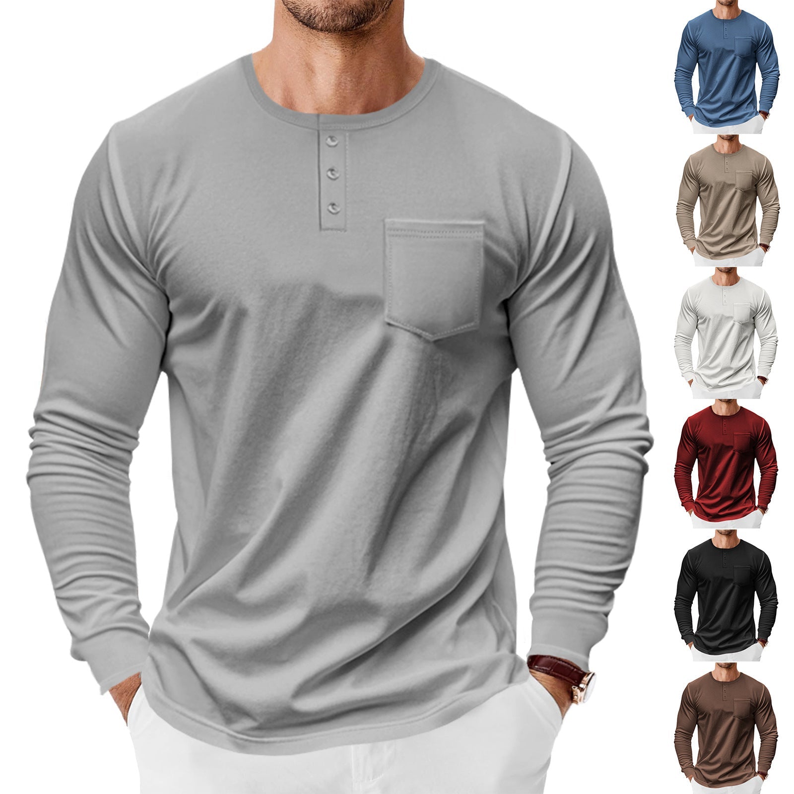 Herren Langarm-Henley-Shirt mit praktischer Brusttasche und modischen Knopfdetails R&B