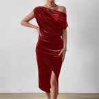Damen Elegantes Schulterfreies Midikleid im Fließenden Design R&B