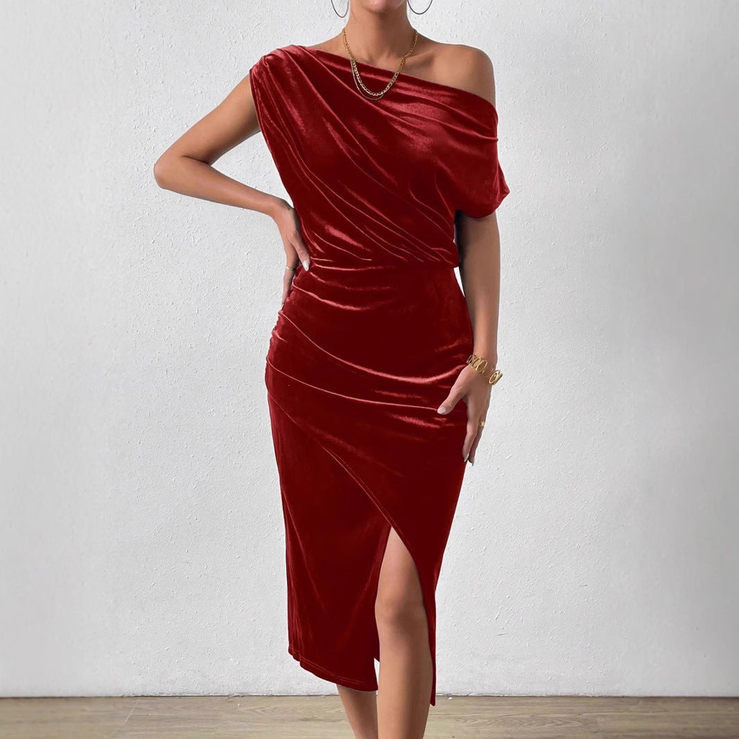 Damen Elegantes Schulterfreies Midikleid im Fließenden Design R&B