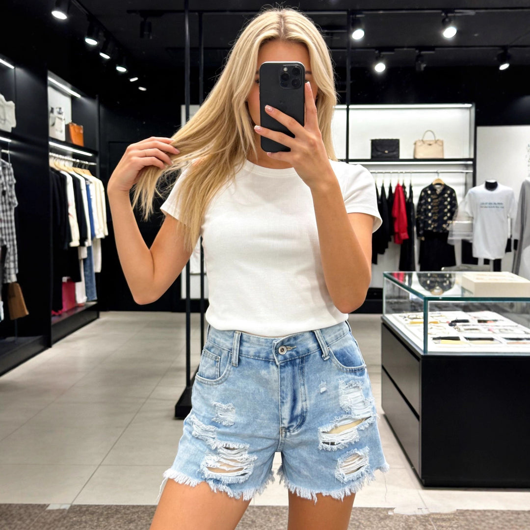 Damen Destroyed Denim-Shorts mit hohen Taschen und fransigem Saum R&B