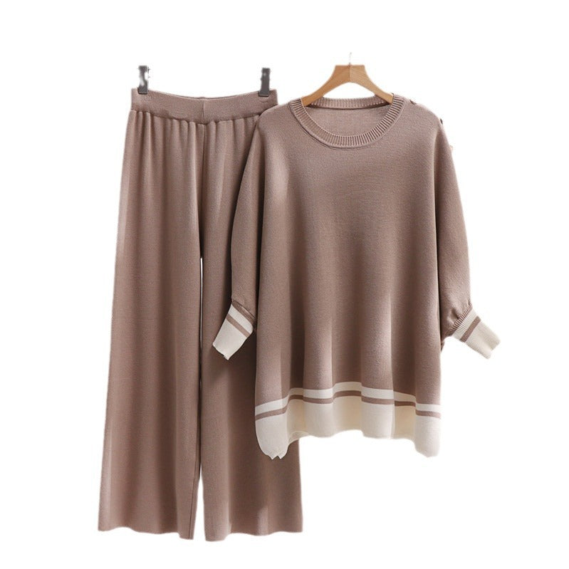 Damen lässiges Strick-Loungewear-Set mit modischem Kontrastsaum und weitem Schnitt R&B