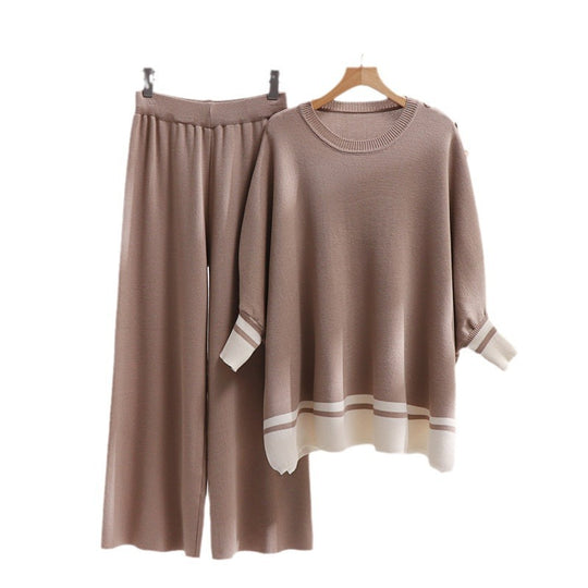 Damen lässiges Strick-Loungewear-Set mit modischem Kontrastsaum und weitem Schnitt R&B