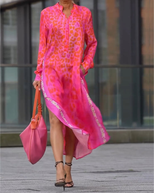 Damen Maxikleid mit lässiger Knopfleiste und animalischen Mustern Heidi-Mode