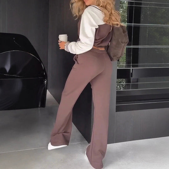 Damen nan sportlich-elegantes Zweiteiler-Set aus Baumwollmix mit V-Ausschnitt Sweatpullover und hochgeschnittener Schlaghose R&B